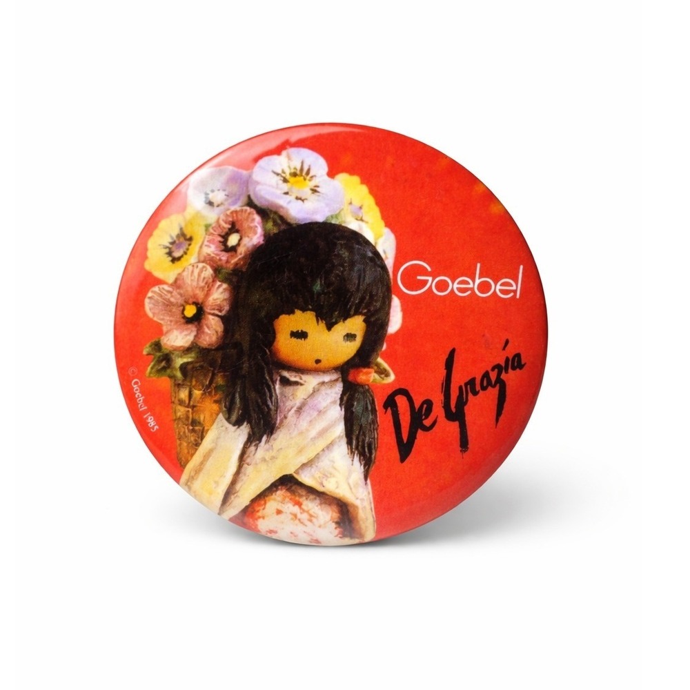 Vintage 1985 Goebel DeGrazia Pinback Button Girl with Pansies Large 3‎ Inch Red